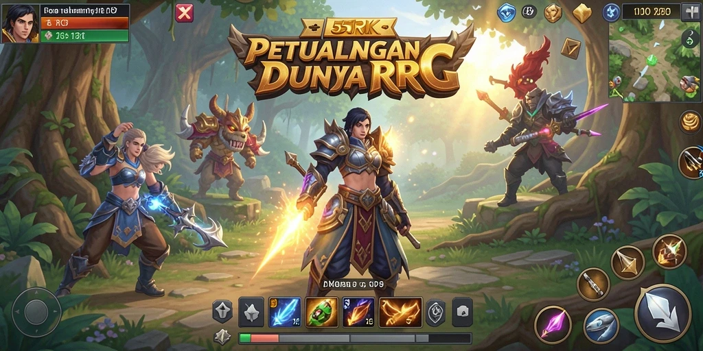 Screenshot dari antarmuka permainan RPG 55RK yang menampilkan aksi karakter.