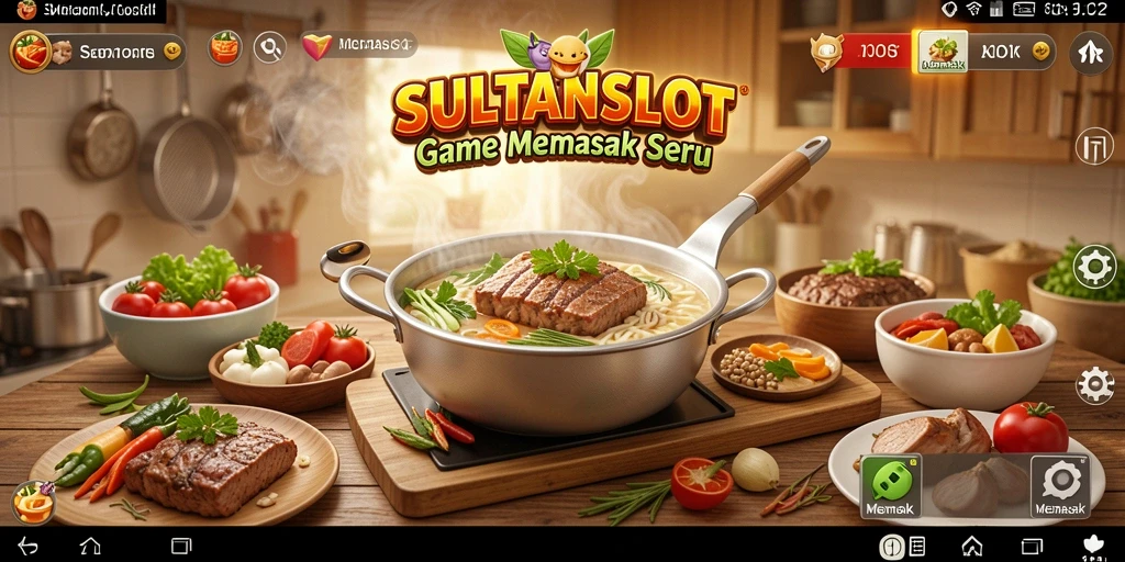 Antarmuka SULTANSLOT yang berwarna-warni dan interaktif di dapur.